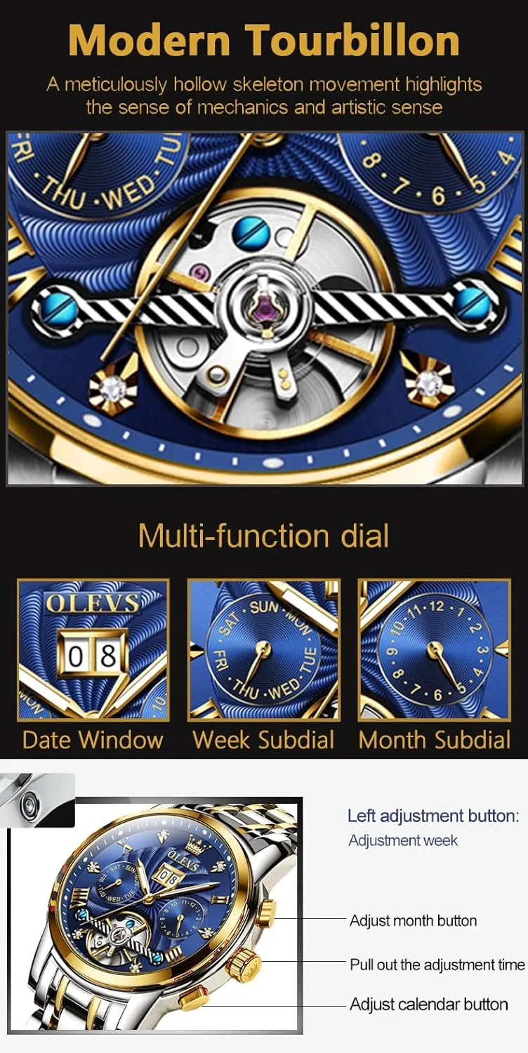 Business Dress Luminous Waterproof Diamond Week Month OLEVS Men Automatic Watch Mechanical narrative forest Self Winding Watches for Men Skeleton 