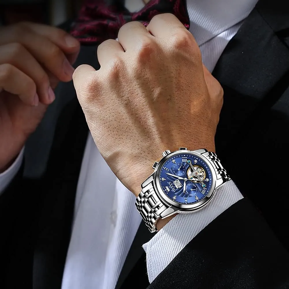 Business Dress Luminous Waterproof Diamond Week Month OLEVS Men Automatic Watch Mechanical narrative forest Self Winding Watches for Men Skeleton 