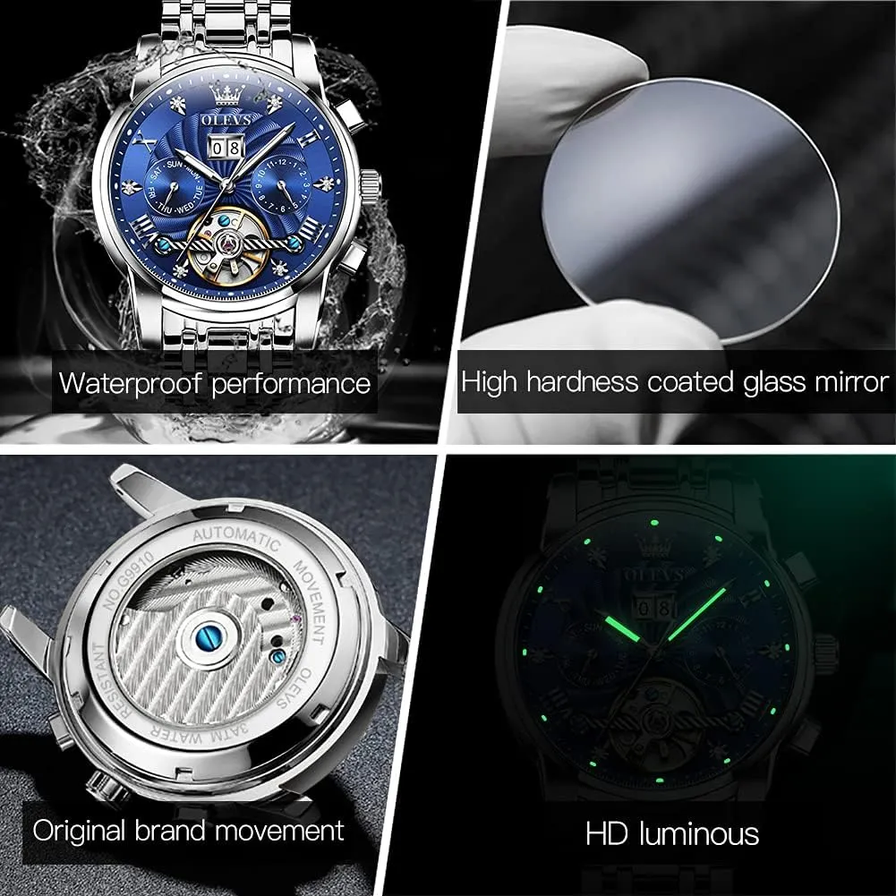 Business Dress Luminous Waterproof Diamond Week Month OLEVS Men Automatic Watch Mechanical narrative forest Self Winding Watches for Men Skeleton 