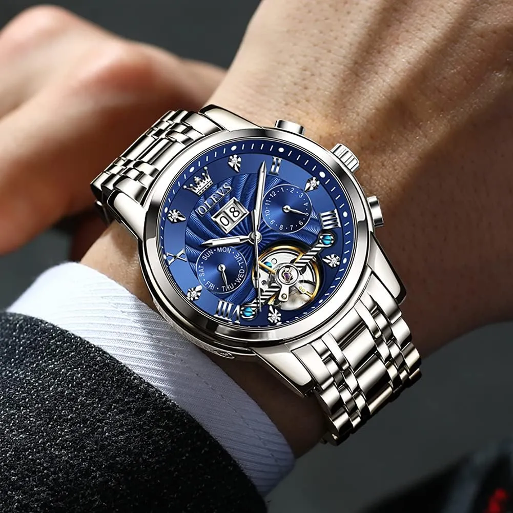 Business Dress Luminous Waterproof Diamond Week Month OLEVS Men Automatic Watch Mechanical narrative forest Self Winding Watches for Men Skeleton 