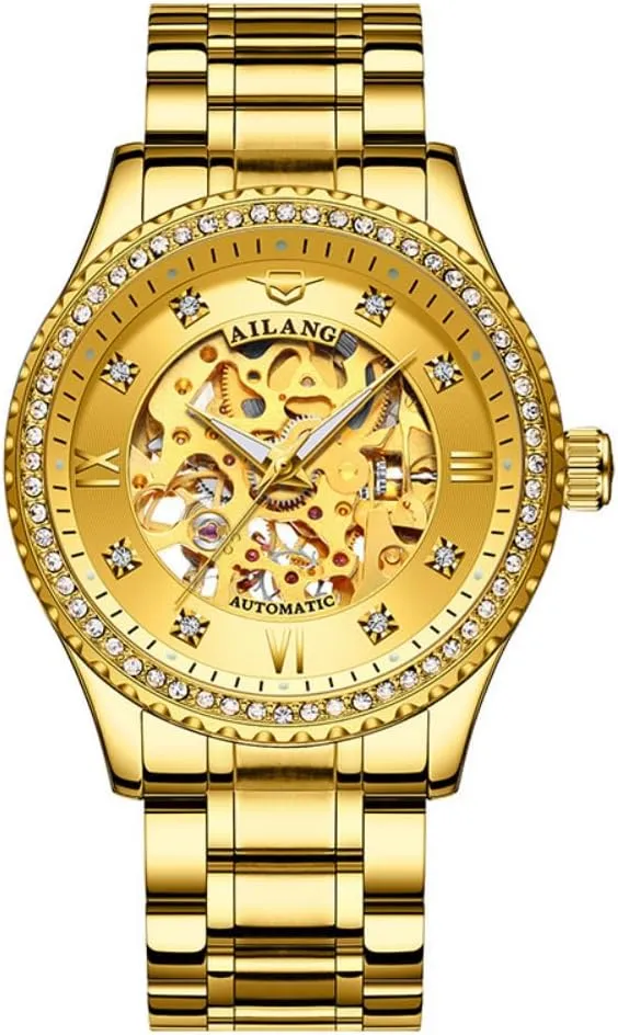 Business Hollow Skeleton Luxury shine intermediate focus intertwine Mechanical Watch with Diamond Bezel Gold Automatic Watches Men 