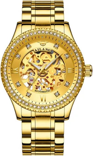 Business Hollow Skeleton Luxury shine intermediate focus intertwine Mechanical Watch with Diamond Bezel Gold Automatic Watches Men 