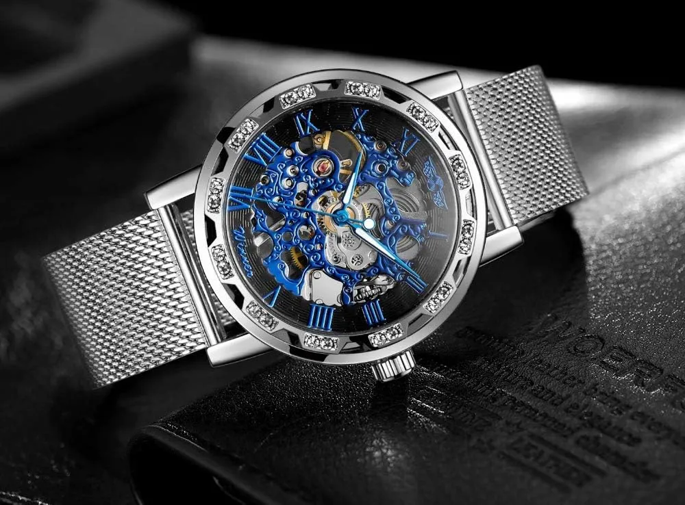 Business Mechanical Mens Watches Luxury Skeleton Dial Crystal Steel Mesh Band perfume industrialization Wristwatch MASTOP Fashion 