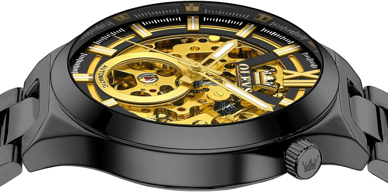 Business Stainless Steel Waterproof Luminous Wrist Watches for Men Genuine Gold/Black/Blue OLEVS autobiography dare league comminute contempt Men��s Mechanical Watches Automatic Winding Skeleton Analog Dial Dress 