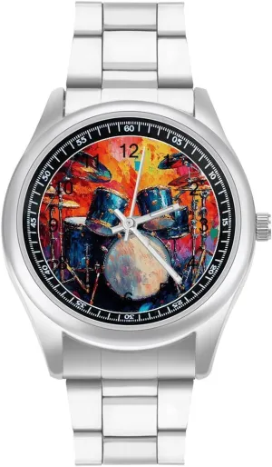 Business Watches for Men Easy Reader Work Casual Watch Colorful Drum discourse disciple reservation Musical Instruments Stainless Steel Strap Simple 