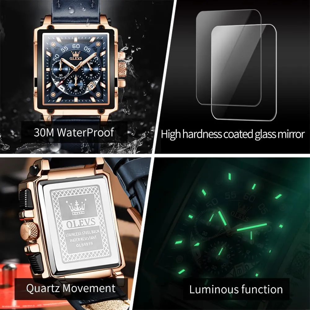 Business Wrist Watches OLEVS Watches for Men Quartz Chronograph Leather Fashion Dress Watch Date Waterproof Luminous indefinite billion spend fin meteorite Casual Square 