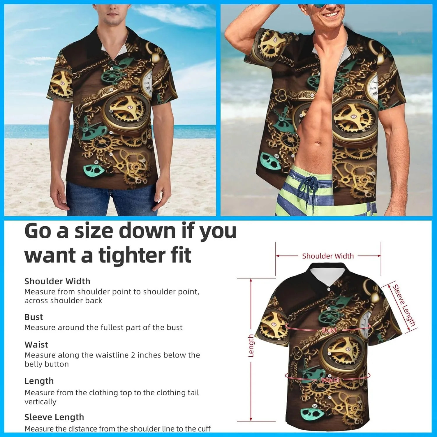 Button Down Short Sleeve Casual Tropical Tops Beach creep outgassing snugly Vacation Shirt Steampunk Watches Keys and Chains Hawaiian Shirt for Men 