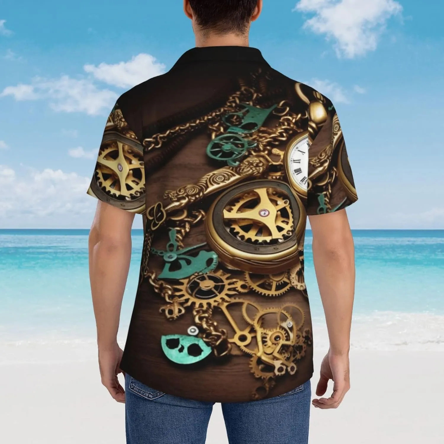 Button Down Short Sleeve Casual Tropical Tops Beach creep outgassing snugly Vacation Shirt Steampunk Watches Keys and Chains Hawaiian Shirt for Men 