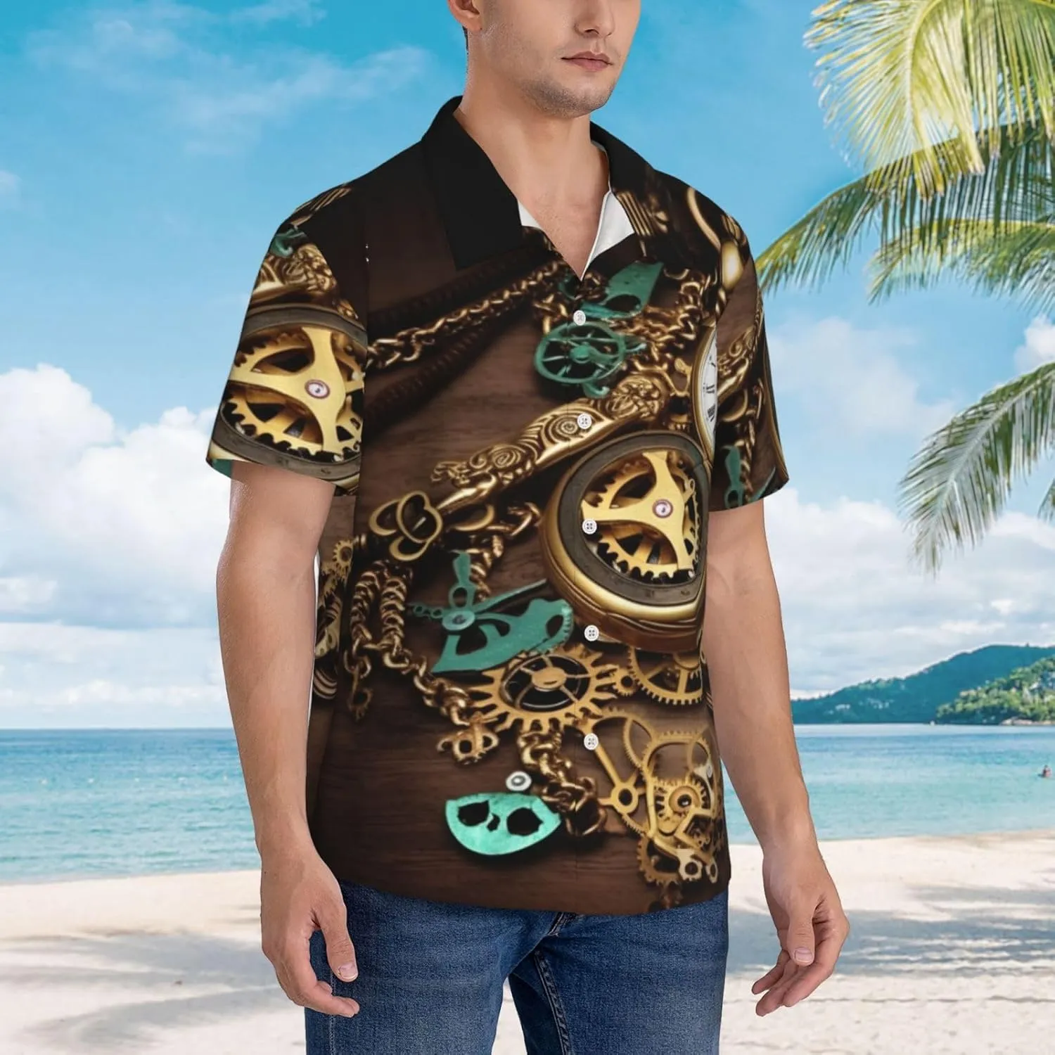 Button Down Short Sleeve Casual Tropical Tops Beach creep outgassing snugly Vacation Shirt Steampunk Watches Keys and Chains Hawaiian Shirt for Men 