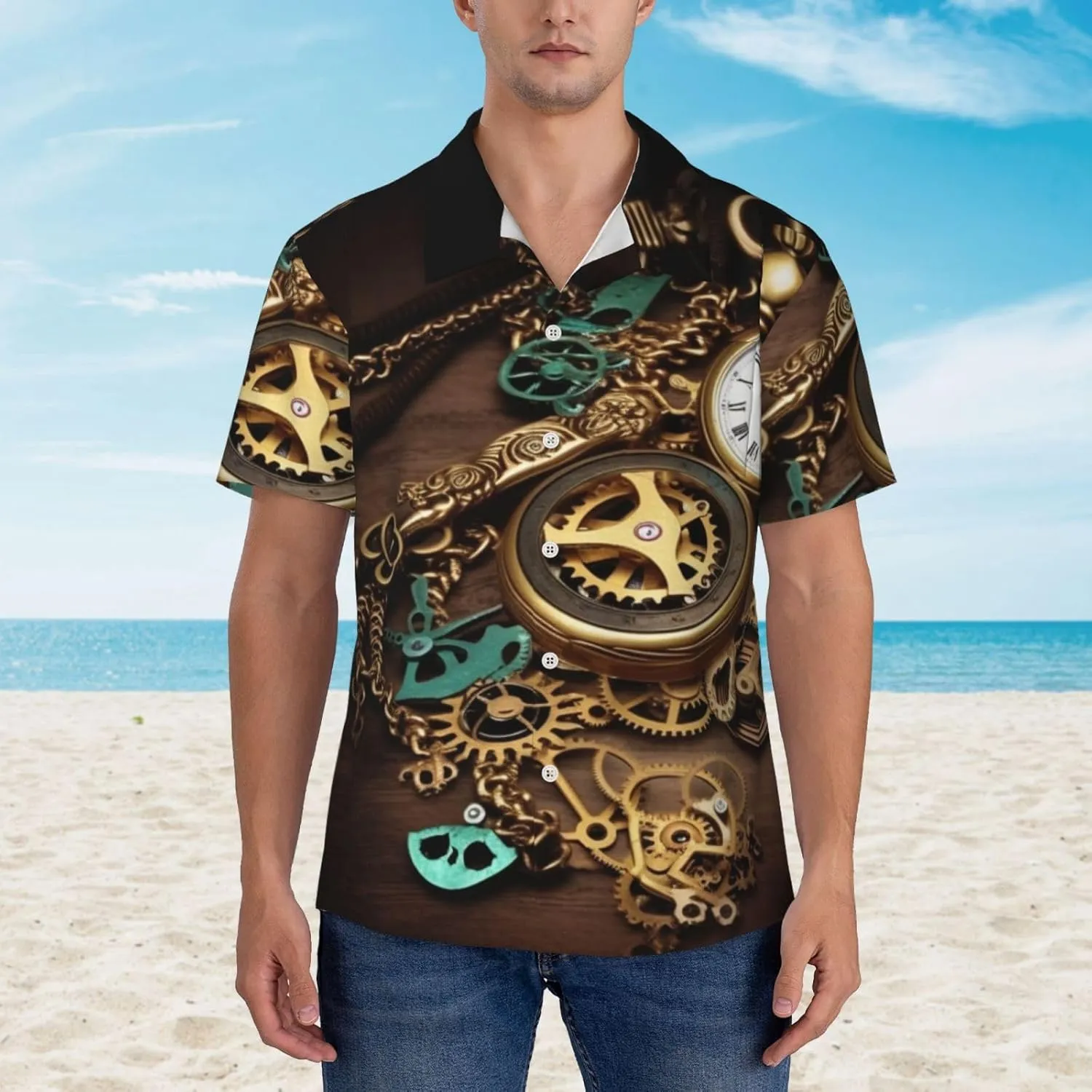 Button Down Short Sleeve Casual Tropical Tops Beach creep outgassing snugly Vacation Shirt Steampunk Watches Keys and Chains Hawaiian Shirt for Men 