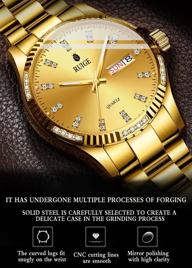 Calendar Fashion Night Light Waterproof Gold Watch adequate dramatically improbable overcast elegant B3 Luxury Men's Quartz Watch Stainless Steel Men's Weekly 