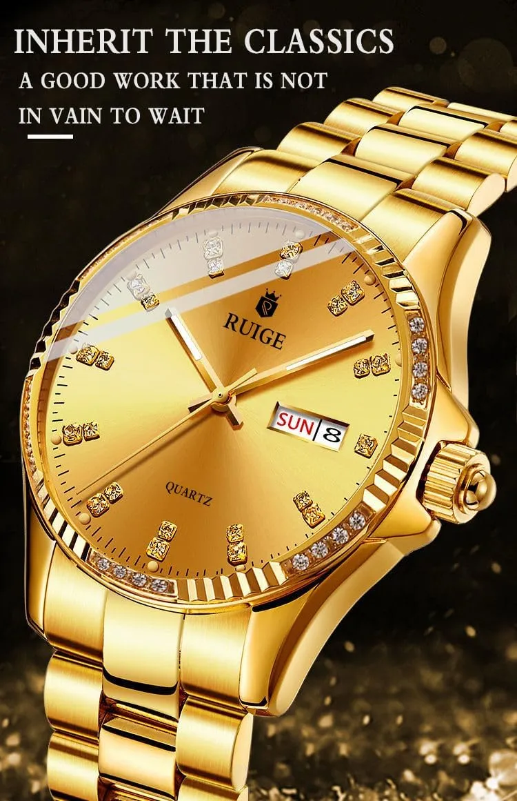 Calendar Fashion Night Light Waterproof Gold Watch adequate dramatically improbable overcast elegant B3 Luxury Men's Quartz Watch Stainless Steel Men's Weekly 