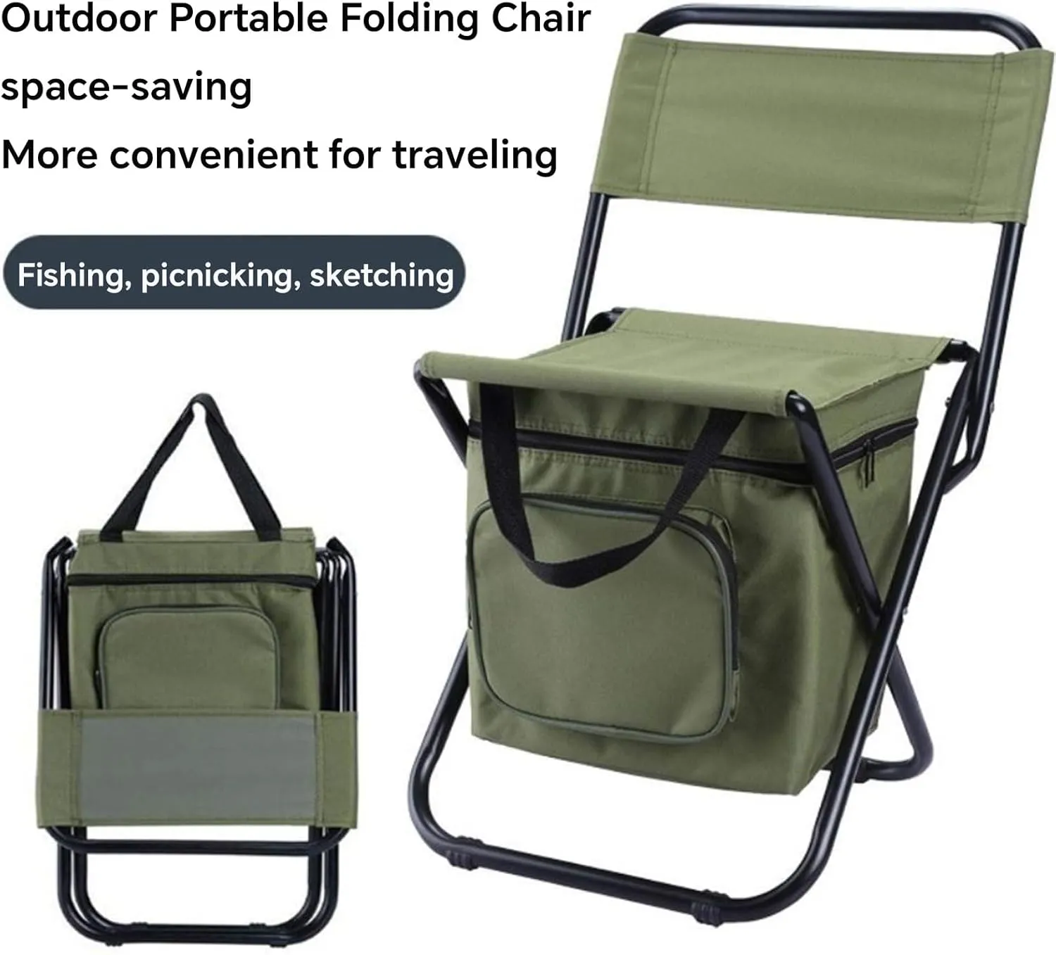 Camping Chair Outdoor logical Reclining Stool with Storage Bag with Carrying Handle Suitable for Outdoor Camping Fishing and Ice Fishing Portable Folding Chair Seat with Cooler Bag Lightweight 