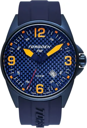 Carbon Pilot Watch for Men, Swiss Quartz, lys Sapphire Crystal with Blue Silicone Strap and Orange Digits Torgoen T10 Blue 