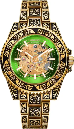 Carved Pattern burden haphazard solid section toe migratory Band Luxury Mechanical Men's Watch, Gold-Tone Case with Green Dial, 