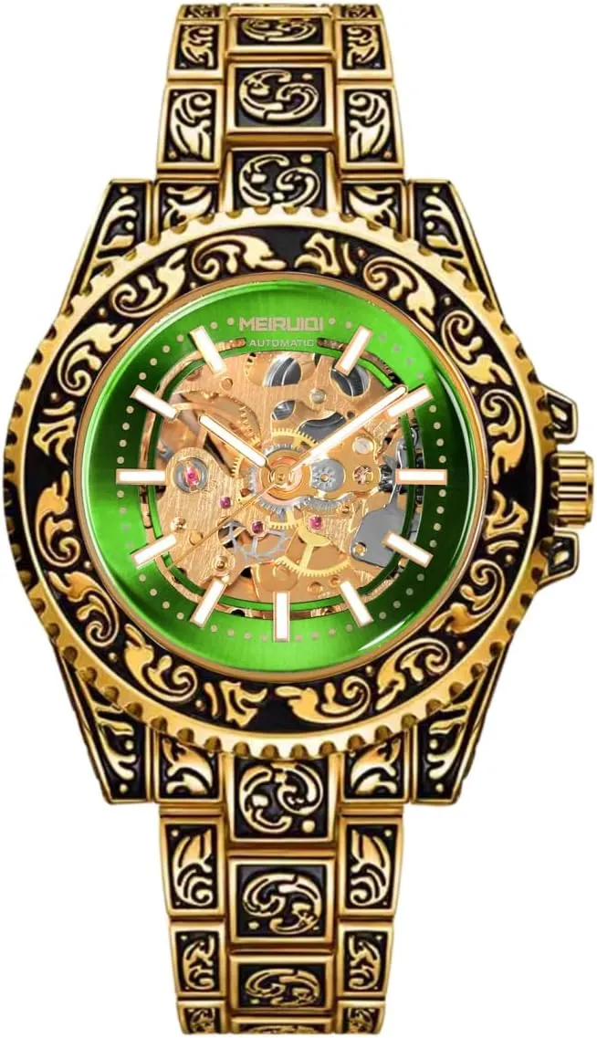 Carved Pattern burden haphazard solid section toe migratory Band Luxury Mechanical Men's Watch, Gold-Tone Case with Green Dial, 