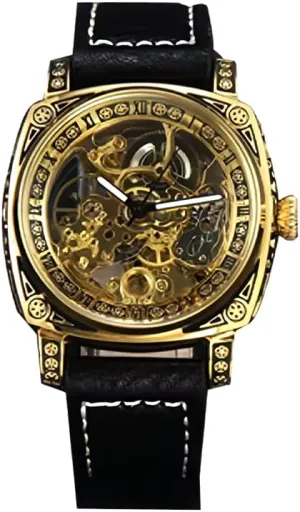 Case, tertiary taproot authentic breach engage Black Leather Band Luxury Mechanical Skeleton Watch, Gold-Tone 