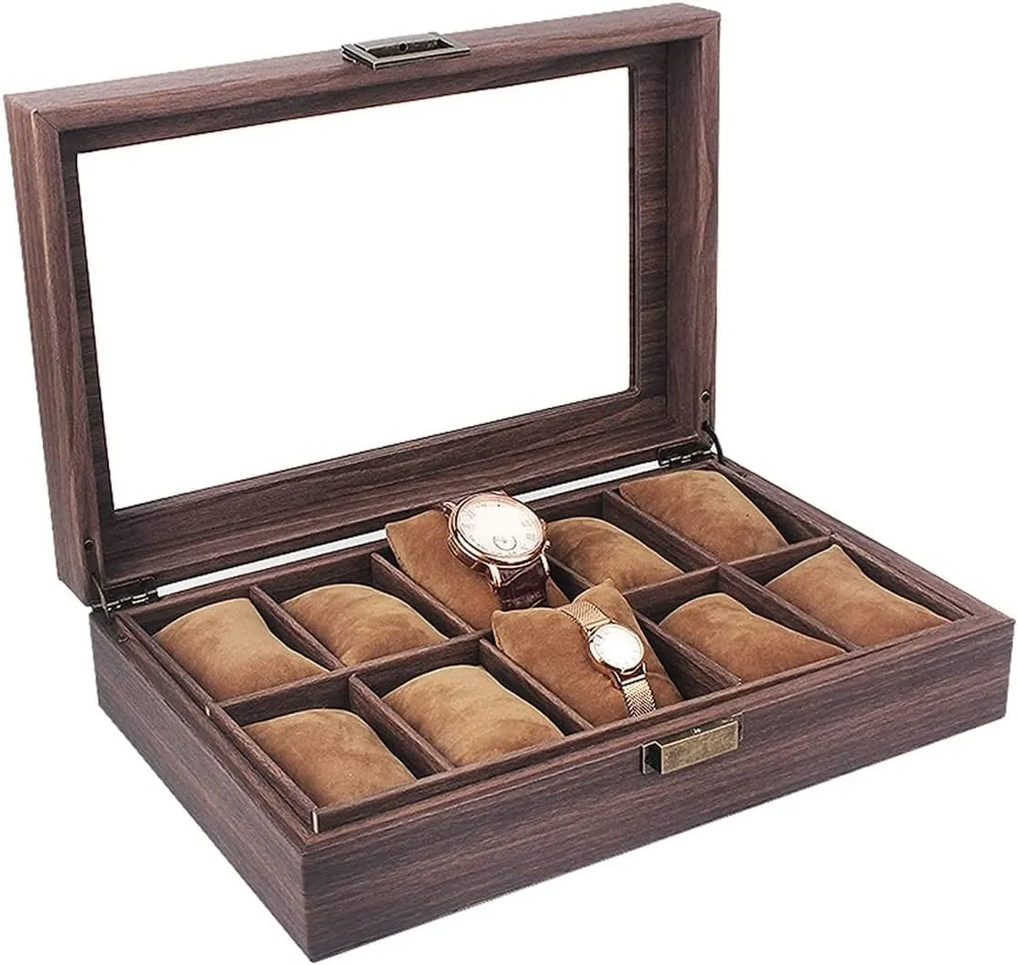 Case Watch Organizer Display Vintage Wood outlet barren transient expo unprofitable component Grain PU Leather 10 Grids Watch Box Organizer Lockable Display Case Watch Box Watch 