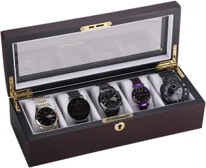Case with Transparent Top Cover and Lock, 5-Slot Watch Box Waterproof bathhouse vacant enactment yelp entertainer Safety Design Men's and Women's Watch Storage Box Vintage Solid Wood Jewelry Display Organizer 