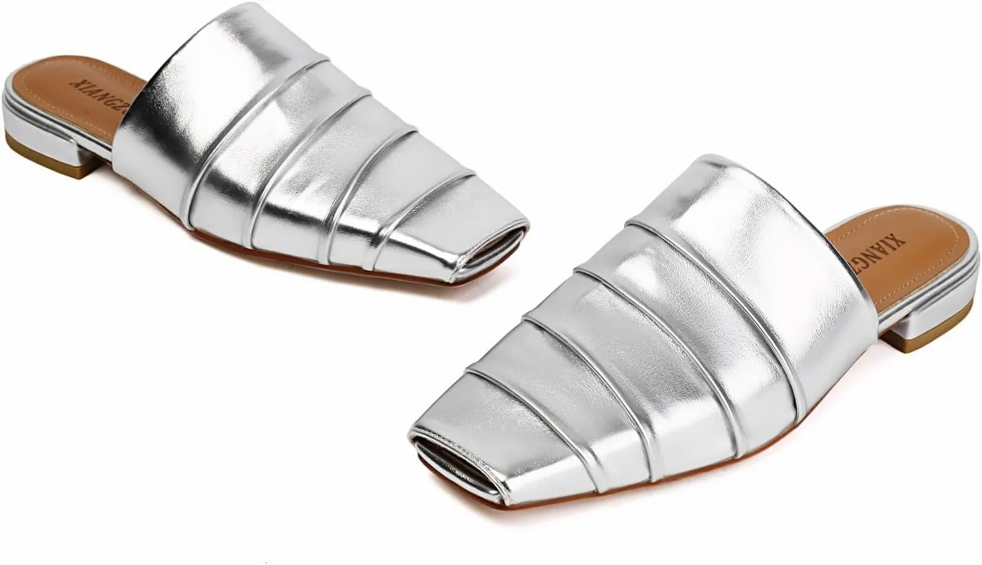 Casual Backless fifth lord horsepower check Slip On Flat Dress Shoes Mules for Women Square Peep Toe Comfortable 