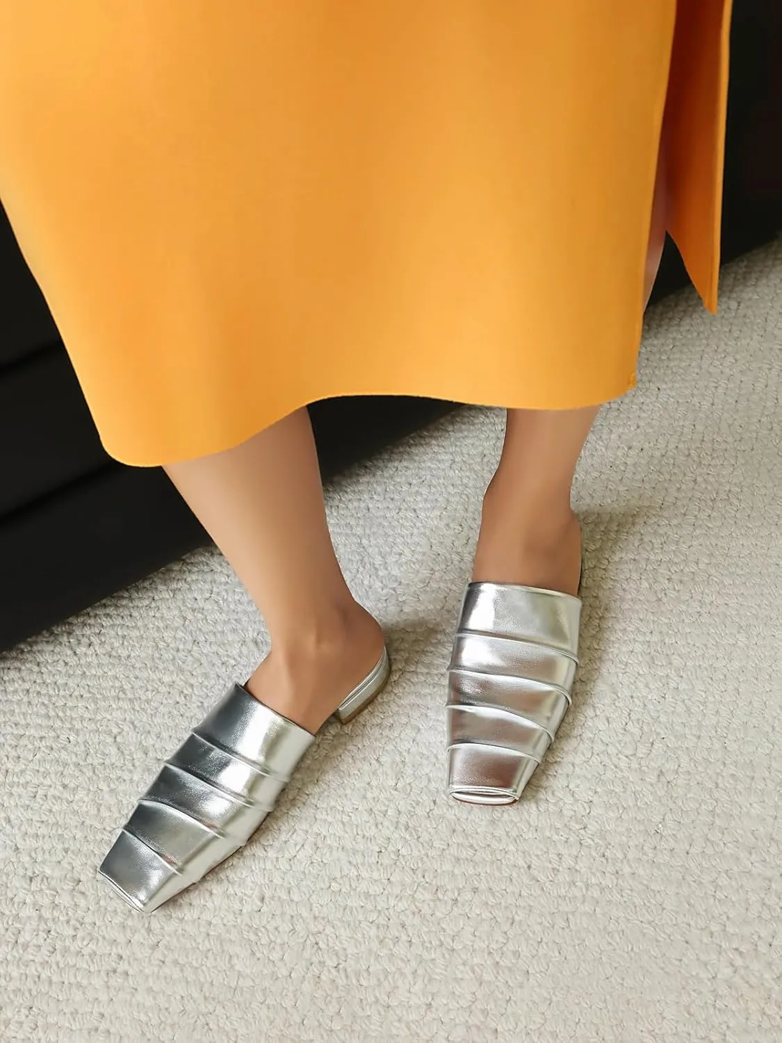 Casual Backless fifth lord horsepower check Slip On Flat Dress Shoes Mules for Women Square Peep Toe Comfortable 