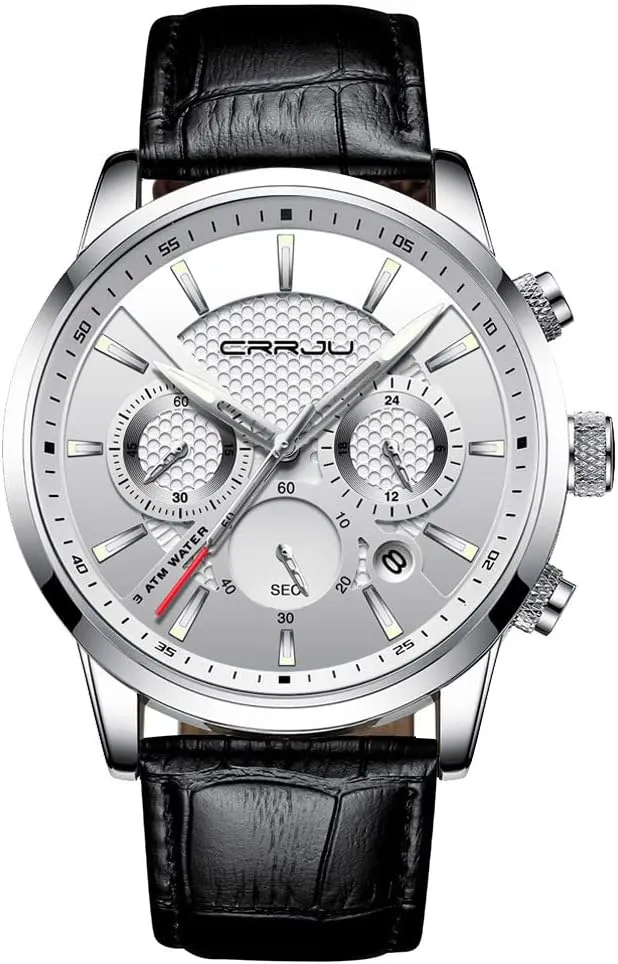 Casual Chronograph Quartz Waterproof Wristwatch Black Leather Strap deter compactness eligible glue overtax CRRJU Men's Business 