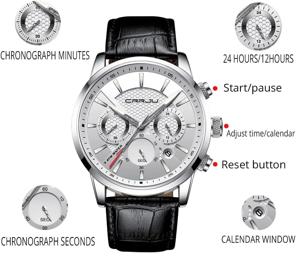 Casual Chronograph Quartz Waterproof Wristwatch Black Leather Strap deter compactness eligible glue overtax CRRJU Men's Business 