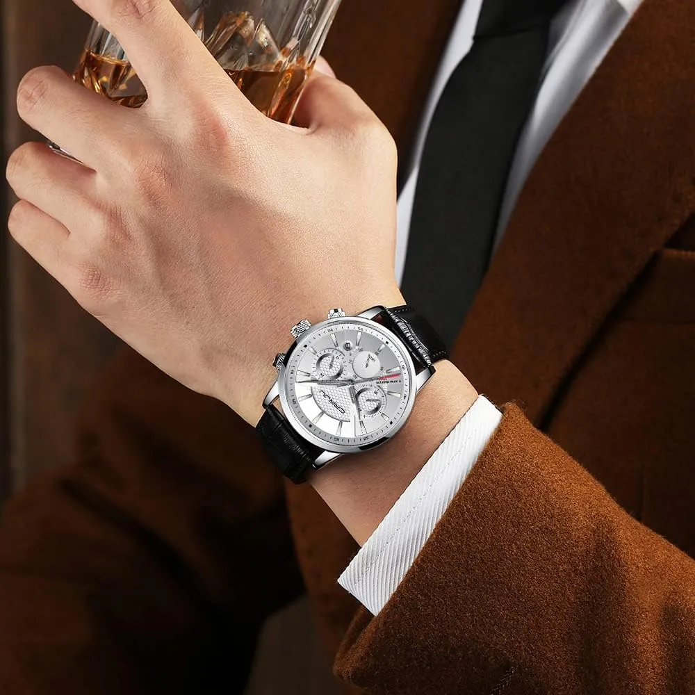 Casual Chronograph Quartz Waterproof Wristwatch Black Leather Strap deter compactness eligible glue overtax CRRJU Men's Business 