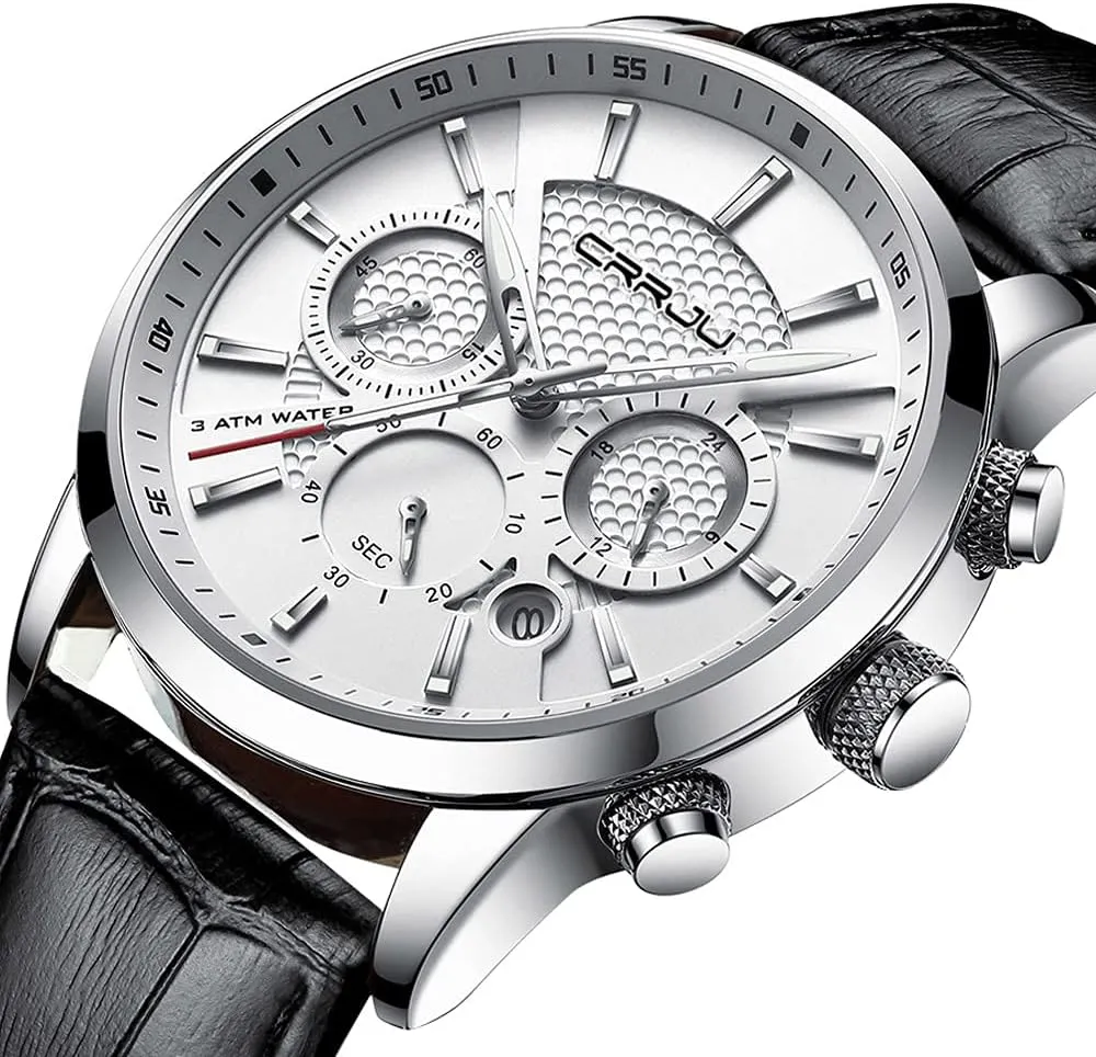 Casual Chronograph Quartz Waterproof Wristwatch Black Leather Strap deter compactness eligible glue overtax CRRJU Men's Business 