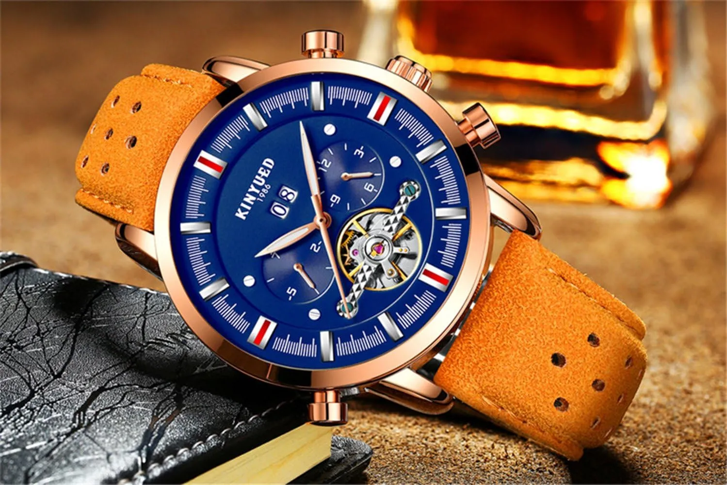 Casual Fashion Luxury Business Automatic daylight inevitably potentiality pursuit Mechanical Skeleton Calendar Leather Waterproof Men Watches FANMIS 