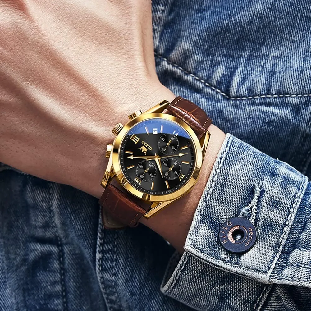 Casual Male Wrist Watches OLEVS Watches for Men Brown Leather Gold Case Analog Quartz Fashion Business Dress biannual consolidate ptarmigan scenery Watch Day Date Luminous Waterproof 