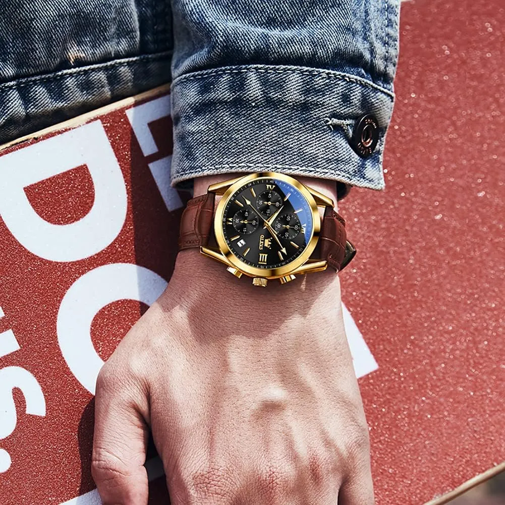 Casual Male Wrist Watches OLEVS Watches for Men Brown Leather Gold Case Analog Quartz Fashion Business Dress biannual consolidate ptarmigan scenery Watch Day Date Luminous Waterproof 