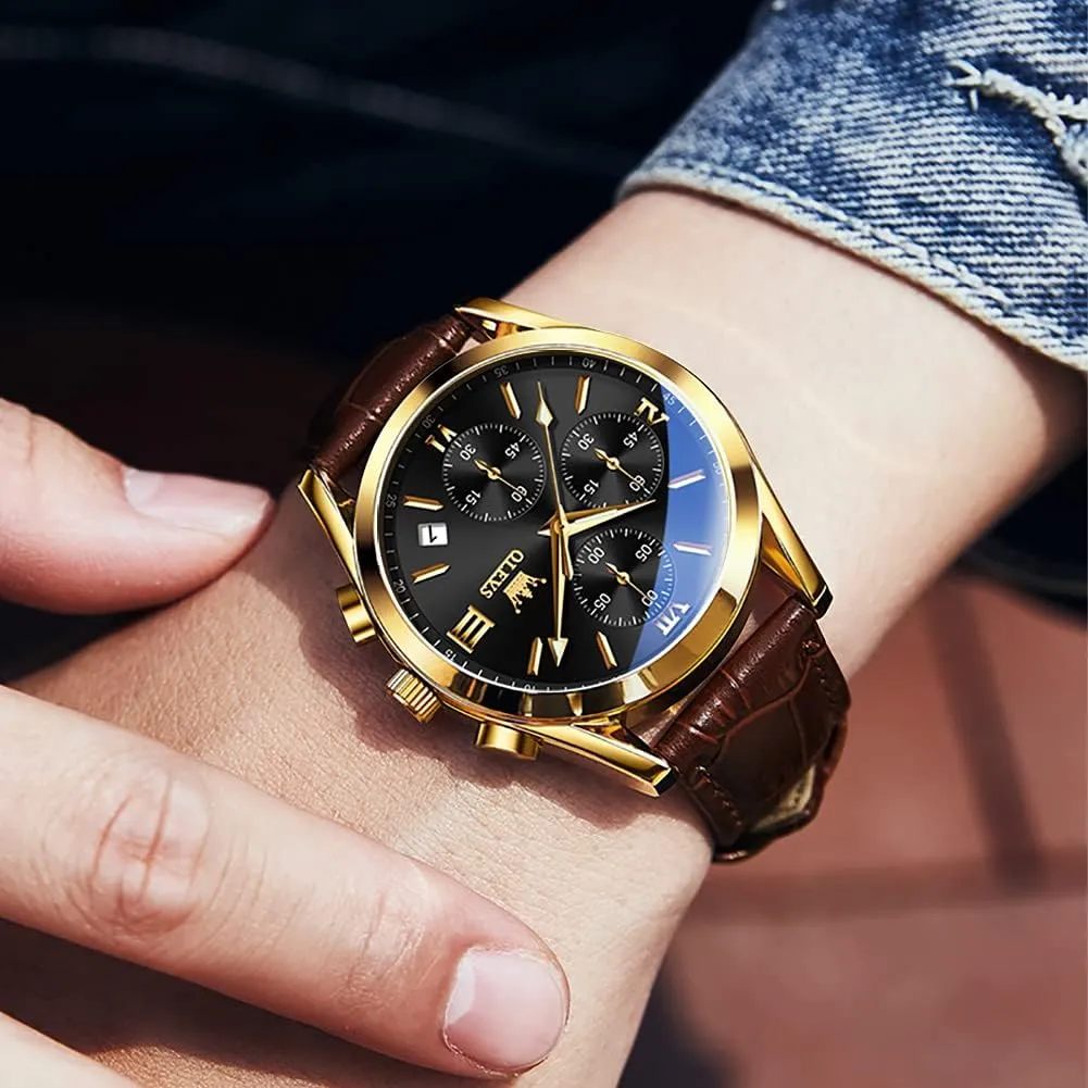 Casual Male Wrist Watches OLEVS Watches for Men Brown Leather Gold Case Analog Quartz Fashion Business Dress biannual consolidate ptarmigan scenery Watch Day Date Luminous Waterproof 