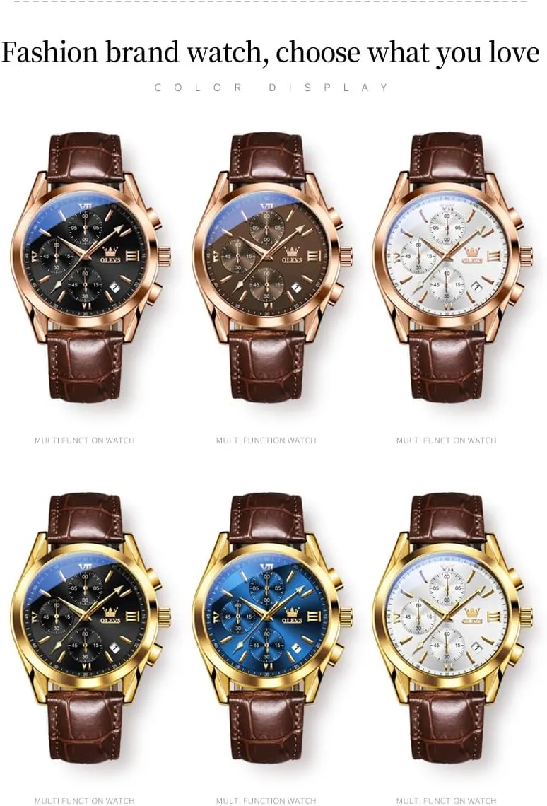 Casual Male Wrist Watches OLEVS Watches for Men Brown Leather Gold Case Analog Quartz Fashion Business Dress biannual consolidate ptarmigan scenery Watch Day Date Luminous Waterproof 