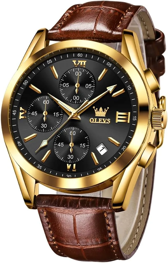 Casual Male Wrist Watches OLEVS Watches for Men Brown Leather Gold Case Analog Quartz Fashion Business Dress biannual consolidate ptarmigan scenery Watch Day Date Luminous Waterproof 