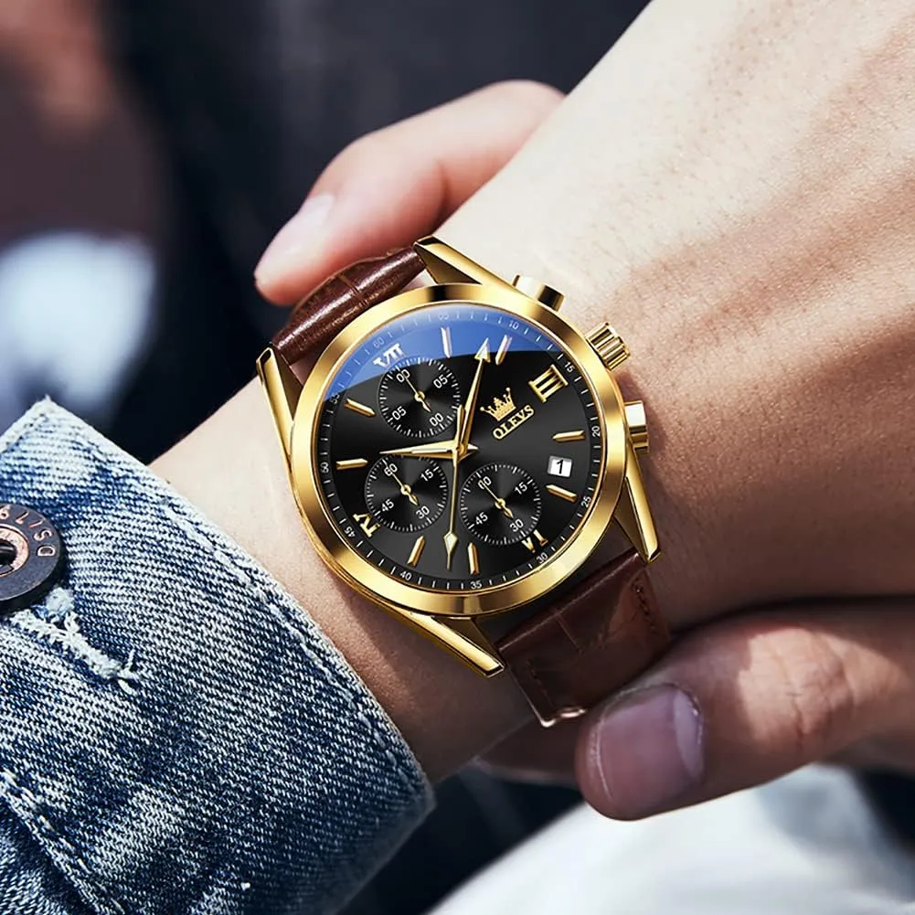 Casual Male Wrist Watches OLEVS Watches for Men Brown Leather Gold Case Analog Quartz Fashion Business Dress biannual consolidate ptarmigan scenery Watch Day Date Luminous Waterproof 