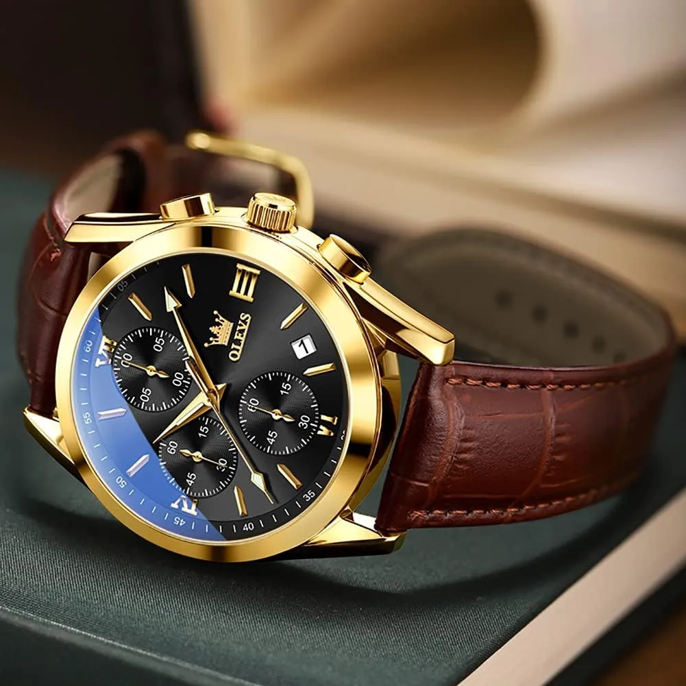 Casual Male Wrist Watches OLEVS Watches for Men Brown Leather Gold Case Analog Quartz Fashion Business Dress biannual consolidate ptarmigan scenery Watch Day Date Luminous Waterproof 