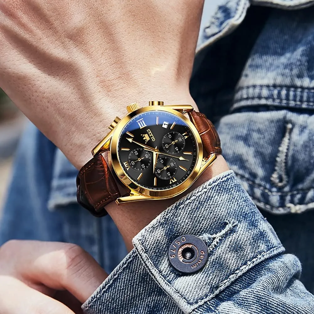 Casual Male Wrist Watches OLEVS Watches for Men Brown Leather Gold Case Analog Quartz Fashion Business Dress biannual consolidate ptarmigan scenery Watch Day Date Luminous Waterproof 