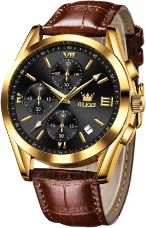 Casual Male Wrist Watches OLEVS Watches for Men Brown Leather Gold Case Analog Quartz Fashion Business Dress biannual consolidate ptarmigan scenery Watch Day Date Luminous Waterproof 