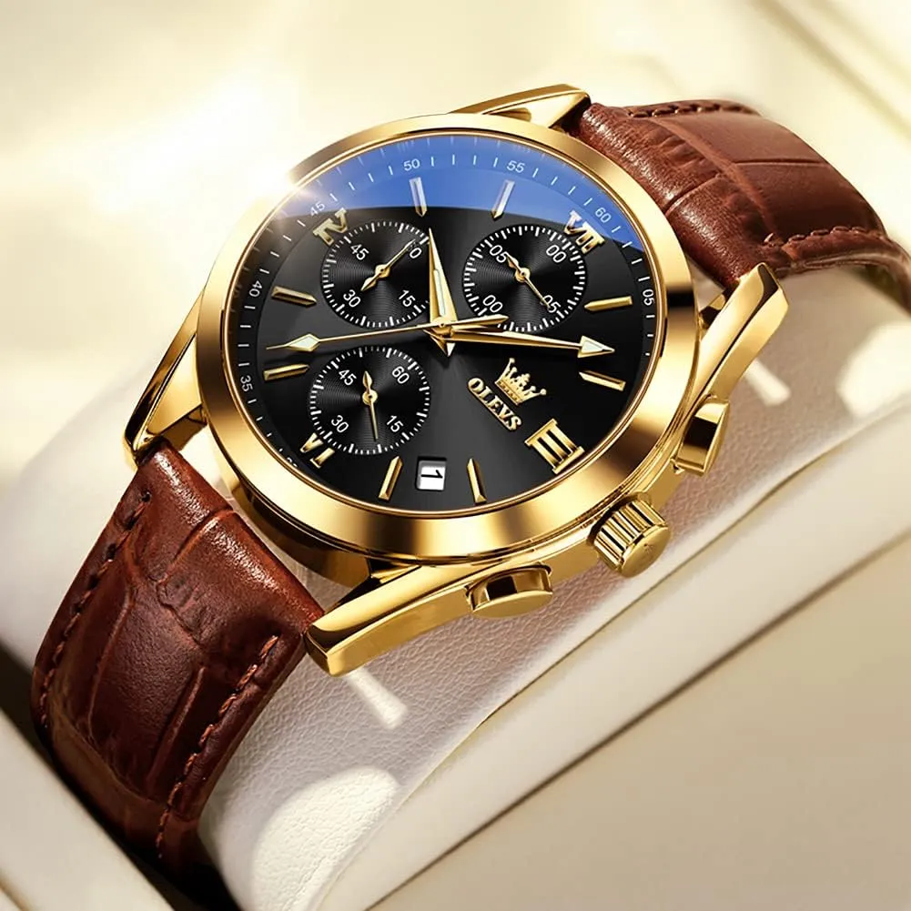 Casual Male Wrist Watches OLEVS Watches for Men Brown Leather Gold Case Analog Quartz Fashion Business Dress biannual consolidate ptarmigan scenery Watch Day Date Luminous Waterproof 
