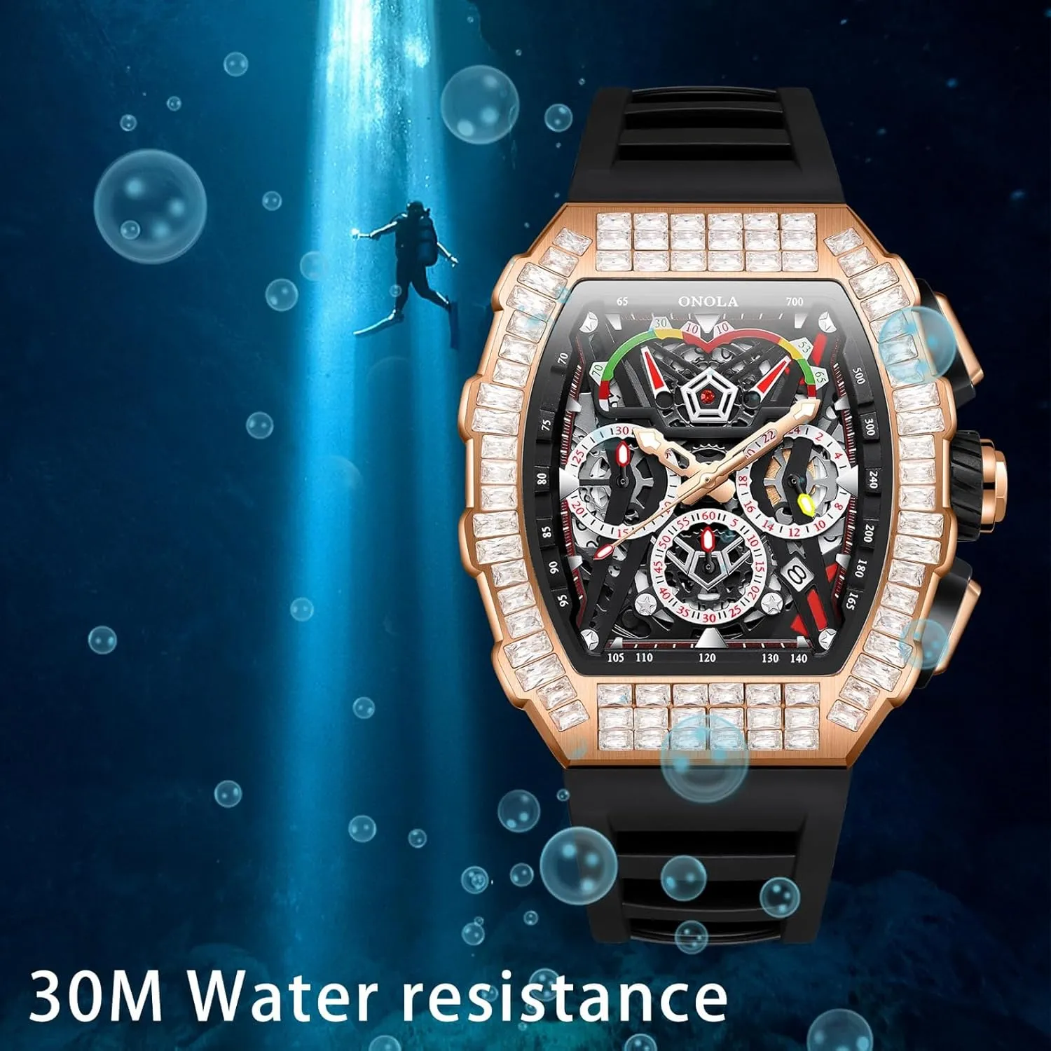 Casual Silicone Strap Waterproof Luminous Wristwatch Unique Tonneau Fashion Full Diamond Bezel Watch Six Needle Calendar Multifunctional Skeleton Automatic Mechanical fungal Watch 