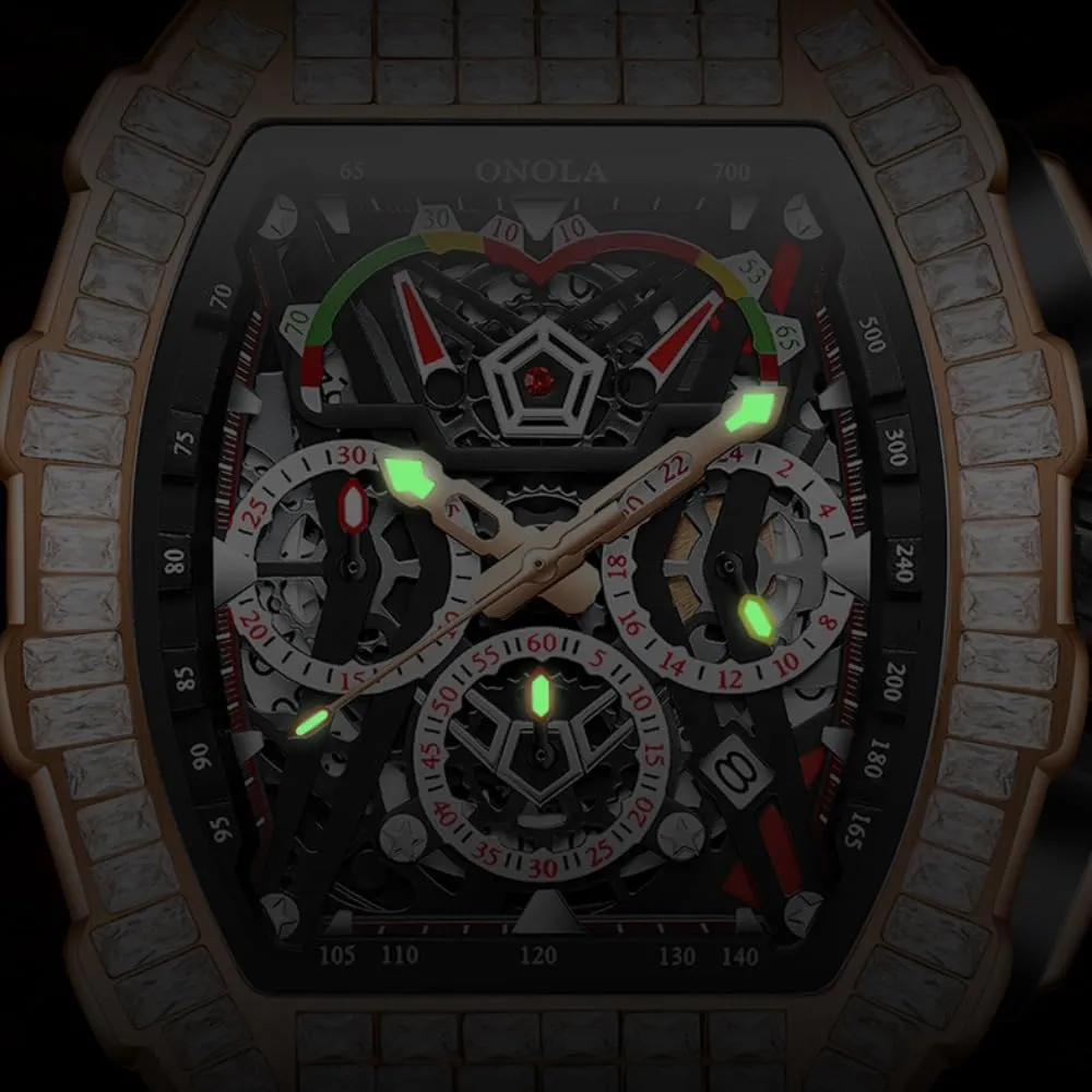 Casual Silicone Strap Waterproof Luminous Wristwatch Unique Tonneau Fashion Full Diamond Bezel Watch Six Needle Calendar Multifunctional Skeleton Automatic Mechanical fungal Watch 