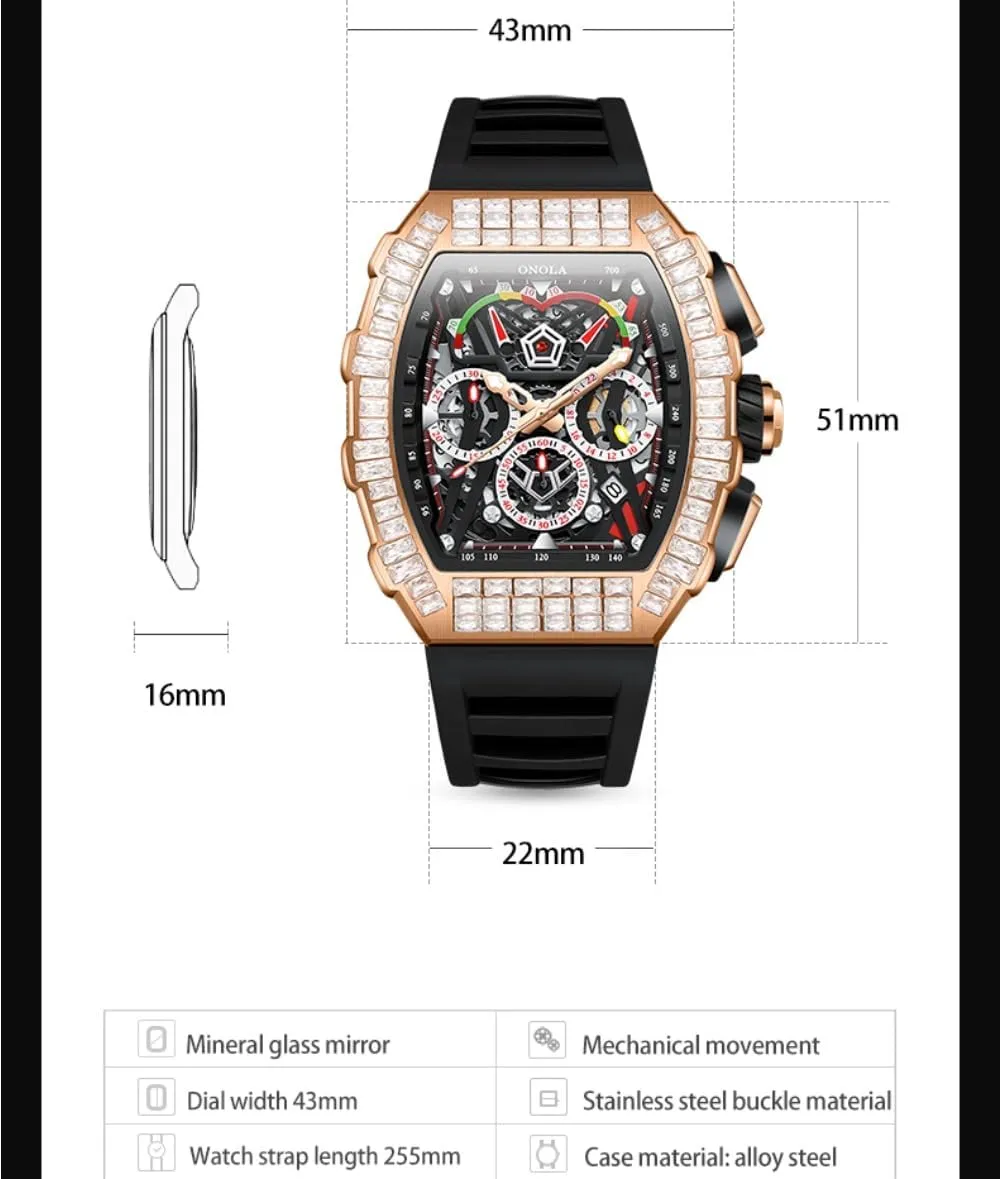 Casual Silicone Strap Waterproof Luminous Wristwatch Unique Tonneau Fashion Full Diamond Bezel Watch Six Needle Calendar Multifunctional Skeleton Automatic Mechanical fungal Watch 