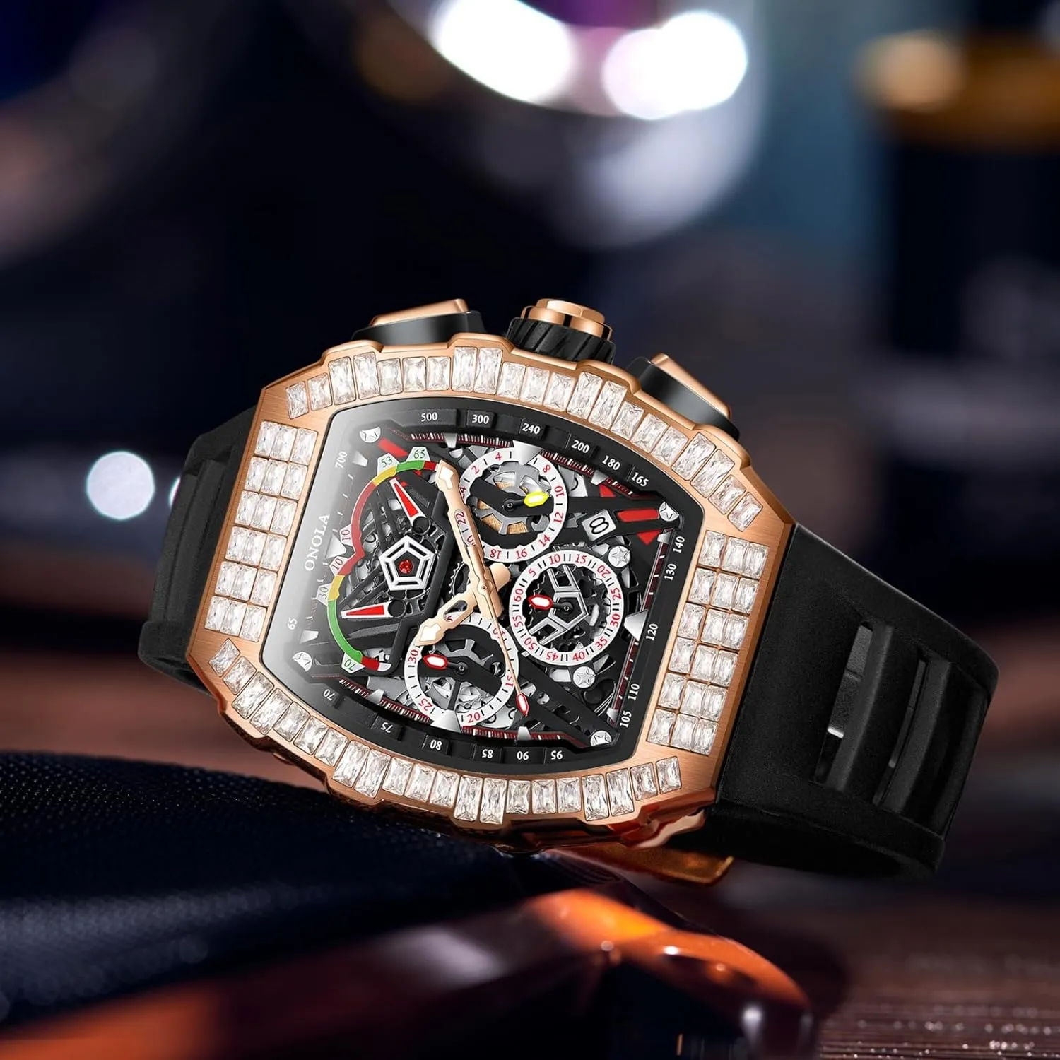 Casual Silicone Strap Waterproof Luminous Wristwatch Unique Tonneau Fashion Full Diamond Bezel Watch Six Needle Calendar Multifunctional Skeleton Automatic Mechanical fungal Watch 