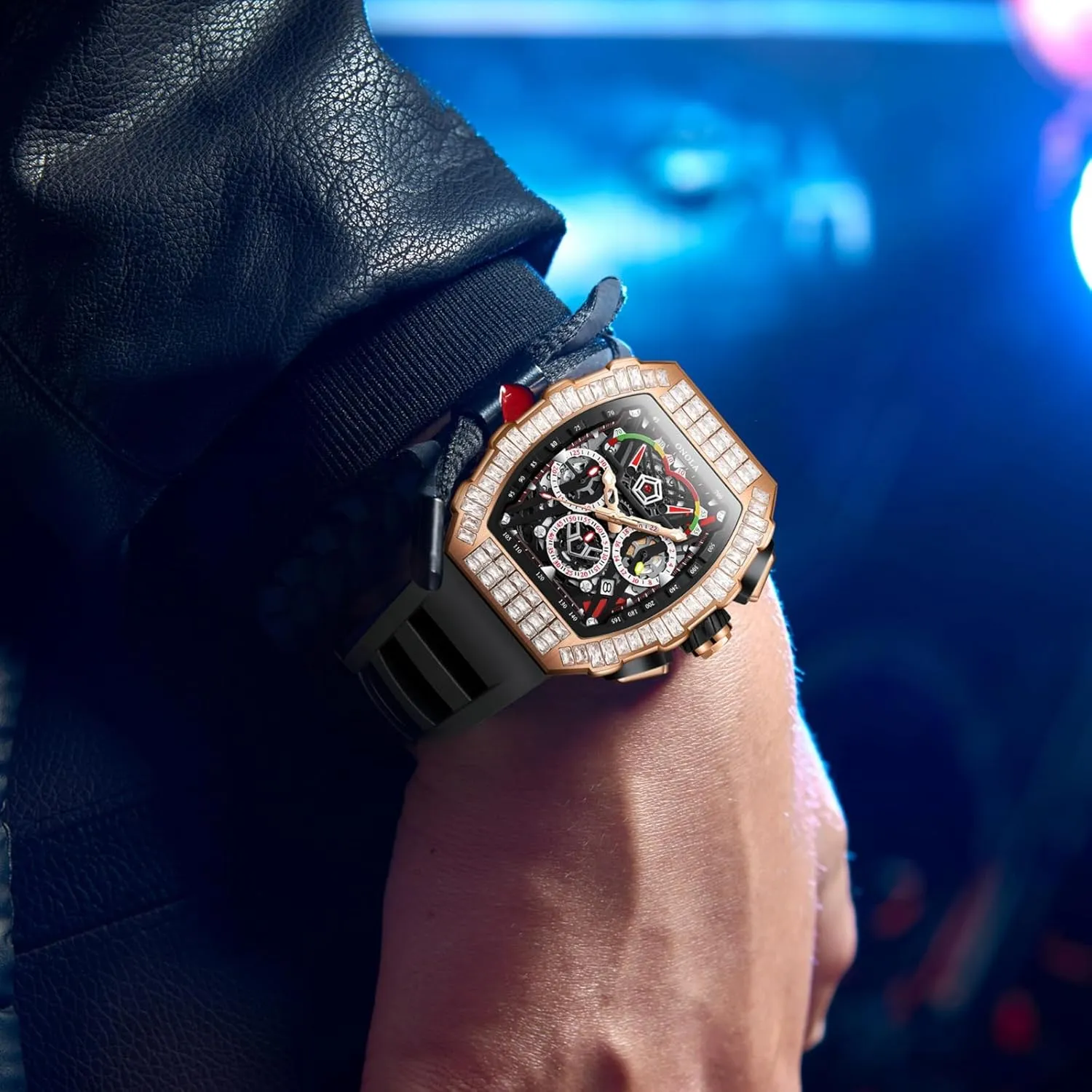 Casual Silicone Strap Waterproof Luminous Wristwatch Unique Tonneau Fashion Full Diamond Bezel Watch Six Needle Calendar Multifunctional Skeleton Automatic Mechanical fungal Watch 