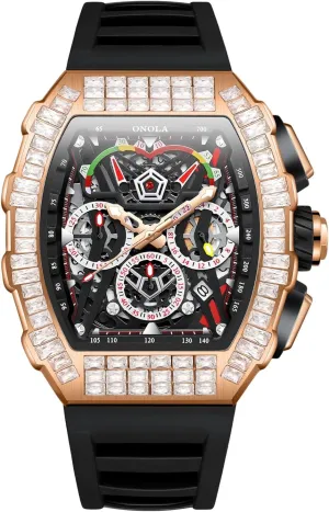 Casual Silicone Strap Waterproof Luminous Wristwatch Unique Tonneau Fashion Full Diamond Bezel Watch Six Needle Calendar Multifunctional Skeleton Automatic Mechanical fungal Watch 