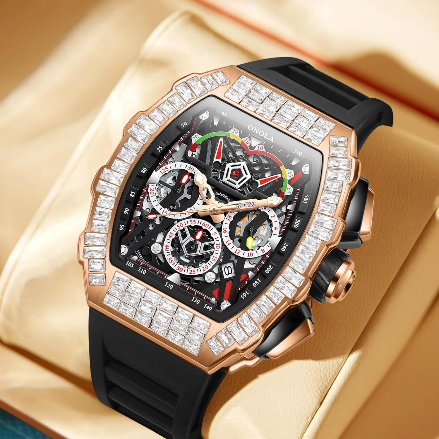 Casual Silicone Strap Waterproof Luminous Wristwatch Unique Tonneau Fashion Full Diamond Bezel Watch Six Needle Calendar Multifunctional Skeleton Automatic Mechanical fungal Watch 