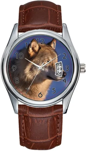 Casual Waterproof Quartz Watches Clock Date Classic Business Brown Leather Christmas Wristwatch Gray Wolf, convey Canis Lupus, in The Foothills of 2 Watches Men Watch 