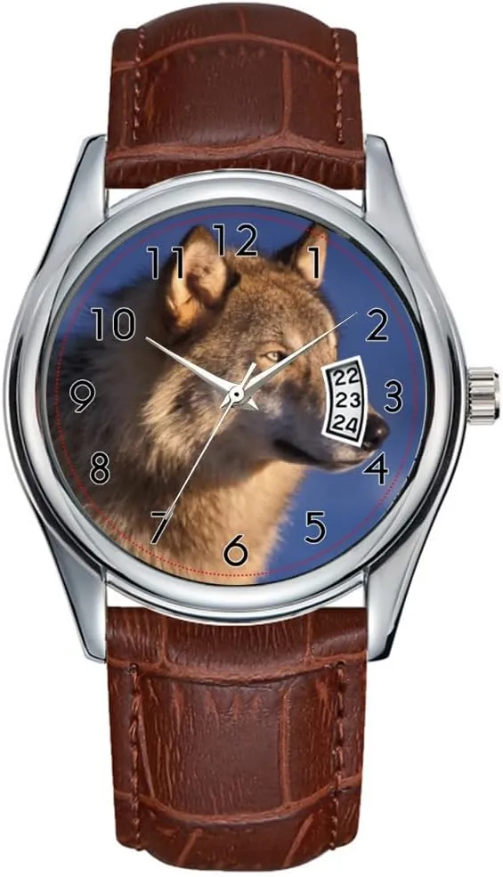 Casual Waterproof Quartz Watches Clock Date Classic Business Brown Leather Christmas Wristwatch Gray Wolf, convey Canis Lupus, in The Foothills of 2 Watches Men Watch 