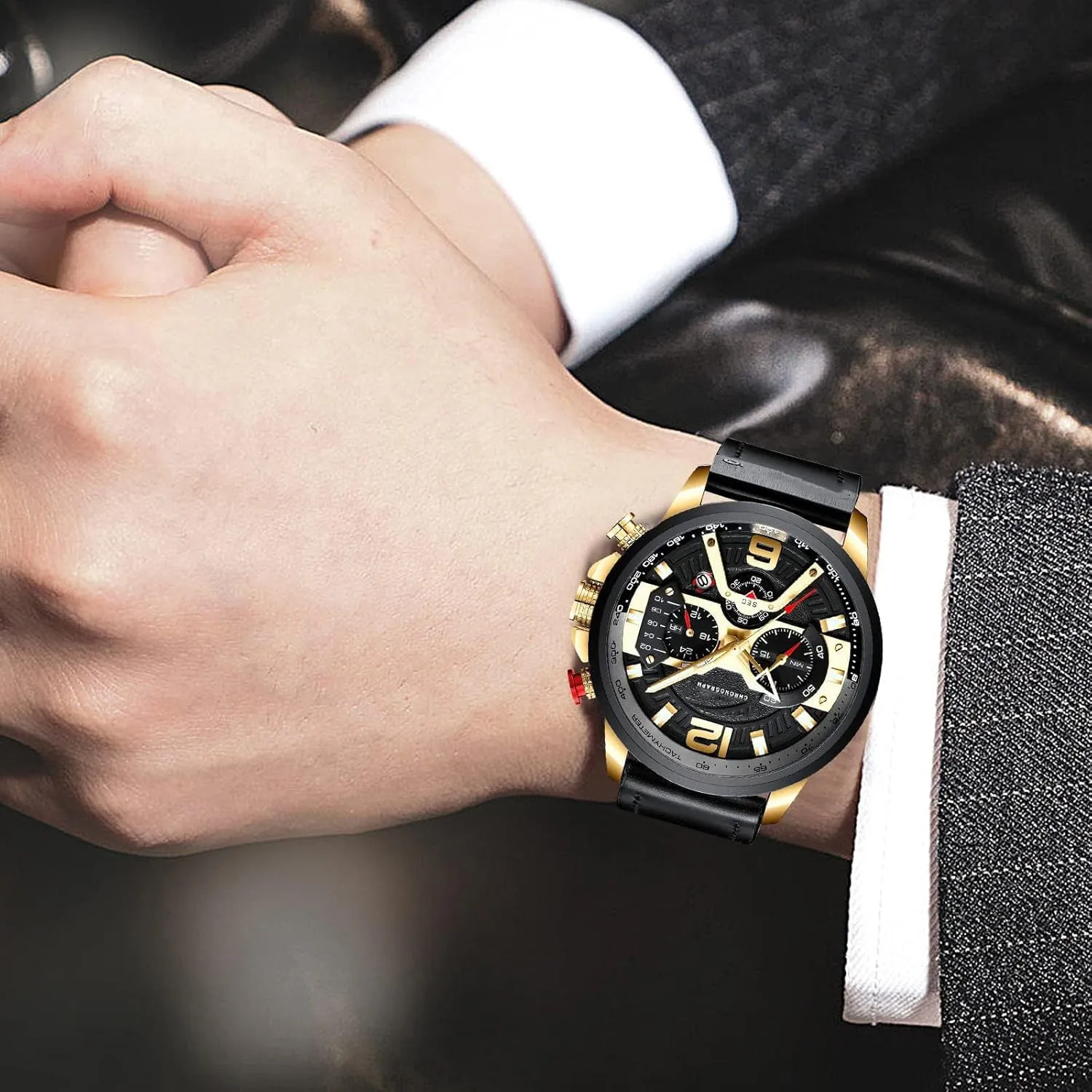 Casual Wrist Watch for Men Men circle totemism Chronograph Sport Watches Brown Leather Strap Quartz Watch Business 